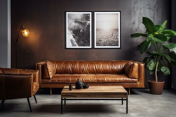 Interior design featuring a cozy lounge area with a stylish brown leather sofa. Generative AI