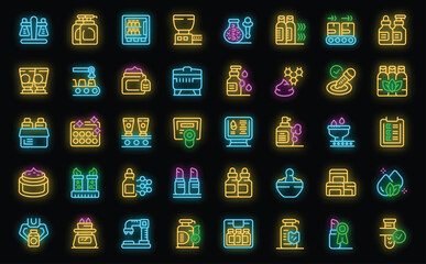 Cosmetics production icons set outline vector. Spa bottle. Skin cream neon color on black