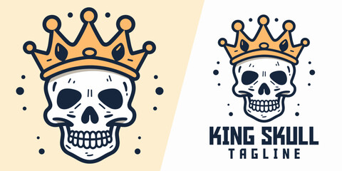 Mascot doodle of a cute skull king with crown, hand-drawn cartoon vector illustration.
