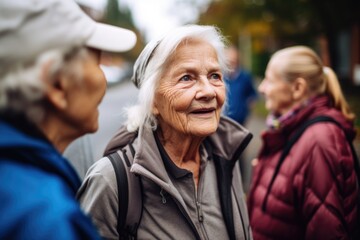 shot of a woman talking to her seniors clients after their walk