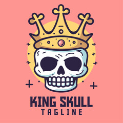 Hand-drawn cute vector skull king with crown, doodle cartoon mascot illustration.
