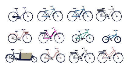 Vector bike collection - Set of illustrations of various bikes for men and women, electric and analogue. Side view flat design, isolated with white background