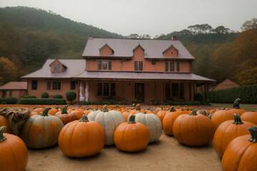 A Group Of Pumpkins Sitting In Front Of A House