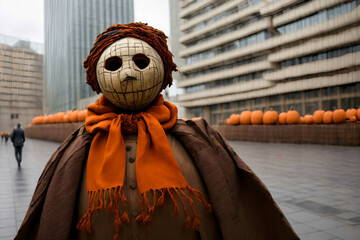 A Scarecrow With An Orange Scarf Around His Neck