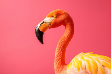 Fototapeta premium Yellow flamingo on pink background, side view