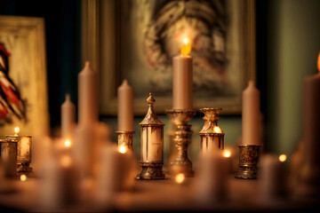 A Group Of Lit Candles Sitting On Top Of A Table