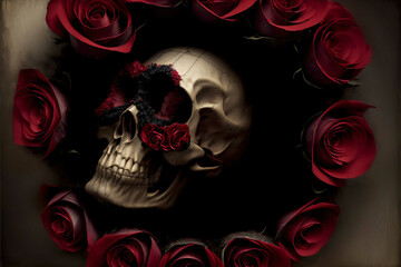 A Picture Of A Skull Surrounded By Roses