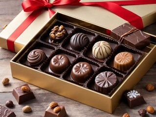 A Box Of Assorted Chocolates With A Red Ribbon