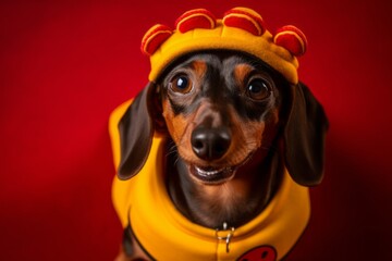 Lifestyle portrait photography of a smiling dachshund wearing a bee costume against a burgundy red background. With generative AI technology - obrazy, fototapety, plakaty