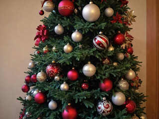 Fototapeta na wymiar A Christmas Tree With Red And White Ornaments