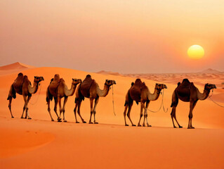 A Group Of Camels Walking Across A Desert