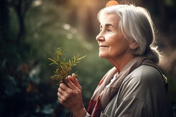 shot of a senior woman holding a plant outside during nature walk