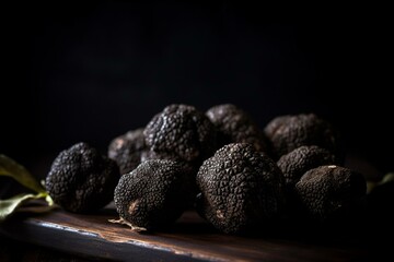 Dark background close-up of black summer truffles, a prized ingredient for restaurants. Generative AI