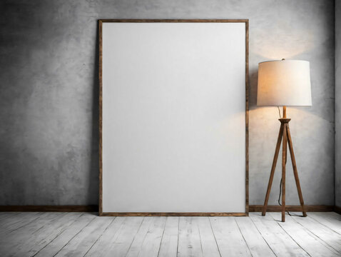 An Empty Picture Frame Next To A Lamp On A Wooden Floor