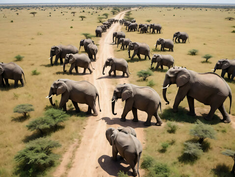 A Herd Of Elephants Crossing A Dirt Road
