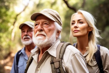 portrait of an attractive female nature guide leading a senior couple on a hike