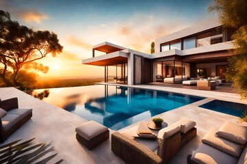 Fototapeta premium Luxury home with modern pool at sunrise, contemporary villa architecture, resort style hotel with beautiful interior and exterior design
