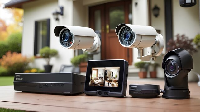 Home Security System set up around a house with cameras and monitors for protection