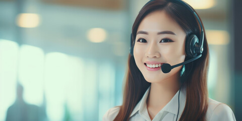 Cheerful asian woman customer support representative ready to assist. call center professional in headset. Created by AI tools