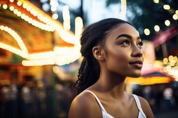 shot of a young woman considering the options at an amusement park