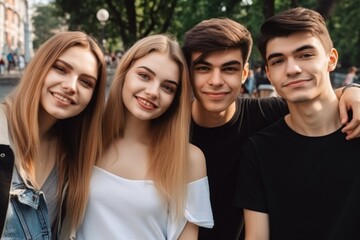 high angle portrait of a group of friends posing together while standing in line at the park