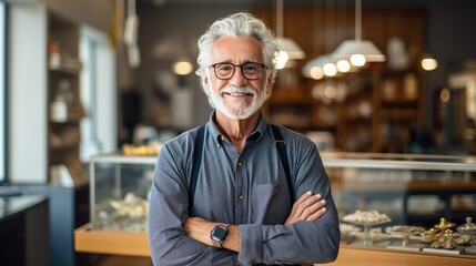 Senior jeweler with grey hair standing in his salon. Generative AI