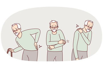 Unhealthy old man suffer from health problems. Unwell mature grandfather struggle with sickness or disease. Elderly healthcare and geriatrics. Vector illustration.