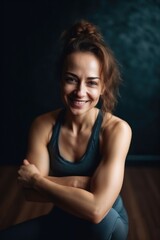 Fototapeta premium woman, flexibility and yoga with a portrait smile in fitness, wellness or training at the gym