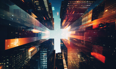 Kaleidoscopic view of skyscrapers, blending urban architecture with artistic flair. Created by AI