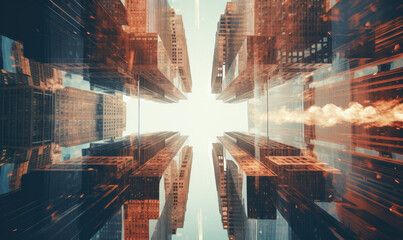 Mesmerizing patterns of city buildings. Kaleidoscopic view of skyscrapers. Created by AI