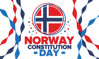 Norway Constitution Day. Happy holiday, celebrated annual in May 17. Norwegian flag. Norway independence and freedom. Patriotic poster. Festive and parade design. Vector illustration