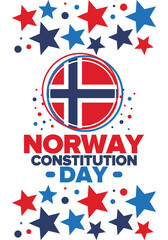 Obraz premium Norway Constitution Day. Happy holiday, celebrated annual in May 17. Norwegian flag. Norway independence and freedom. Patriotic poster. Festive and parade design. Vector illustration