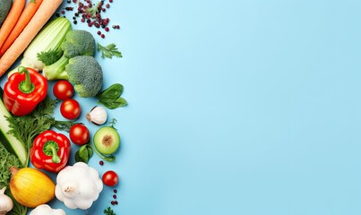 Top view vegetables on blue background. Vegetarian organic food banner. Created by AI tools