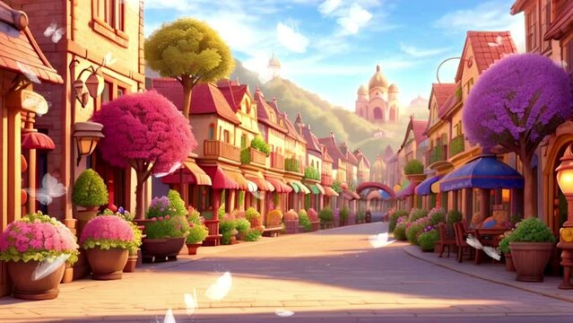 view of the village in ancient times, seamless looping video background animation, cartoon style
