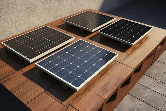 A realistic 3D image showing 4 different types of solar panels. Generative AI