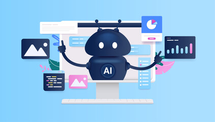 Ai computer helper - Artificial intelligence robot character working on various abstract tasks and software. Vector illustration with blue background
