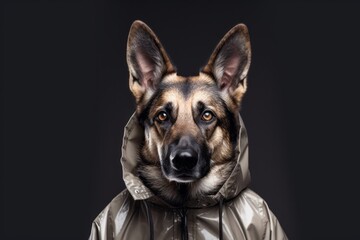 Medium shot portrait photography of a funny german shepherd wearing a parka against a metallic...