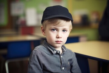 portrait of a young boy sitting in a classroom at school