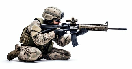 Military Soldier Aiming Rifle Isolated on White. Generative ai