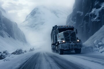 Beautiful truck on icy mountain road. Generative AI