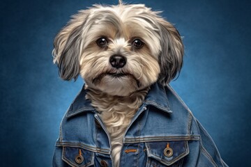Lifestyle portrait photography of a funny havanese dog wearing a denim vest against a metallic...