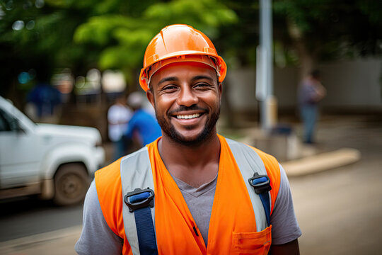 An African construction worker wearing uniform, in the city
