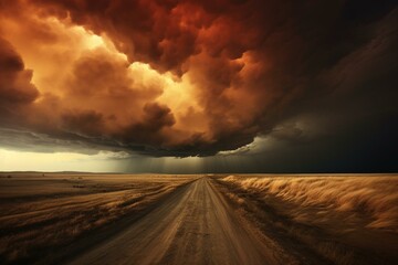 Vast stormy skies above endless prairie with a road ahead. Generative AI