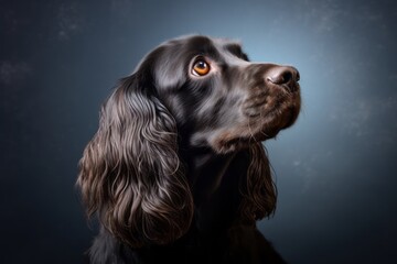 Photography in the style of pensive portraiture of a cute cocker spaniel wearing a snood against a...