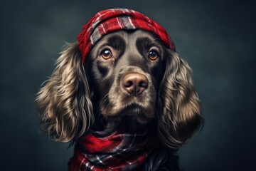 Photography in the style of pensive portraiture of a happy cocker spaniel wearing a cooling bandana...