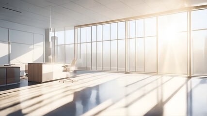 An empty modern office with a sleek, minimalist design, illuminated by the sun streaming through the windows. Generative AI