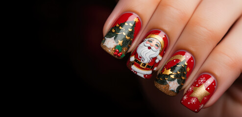 Christmas Nail art manicure. Winter Holiday style bright Manicure Design. Christmas decorations and snowflakes dark background.