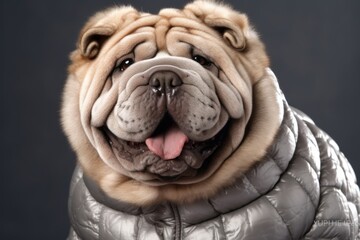 Close-up portrait photography of a happy chinese shar pei dog wearing a puffer jacket against a...
