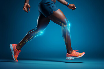 Side view male athletic runner, run data analysis concept, blue background, detail, close up, legs.
