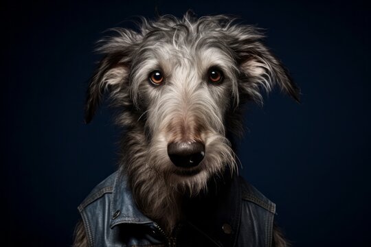 Medium shot portrait photography of a funny scottish deerhound wearing a denim vest against a metallic silver background. With generative AI technology